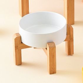 Pet Anti Rollover Ceramic With High Bamboo And Wood Frame Bowl (Option: Small Size 110mm-White)