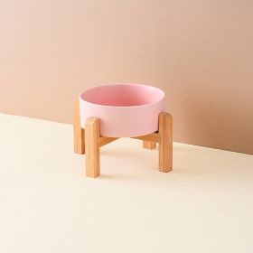 Pet Anti Rollover Ceramic With High Bamboo And Wood Frame Bowl (Option: Small Size 110mm-Pink)